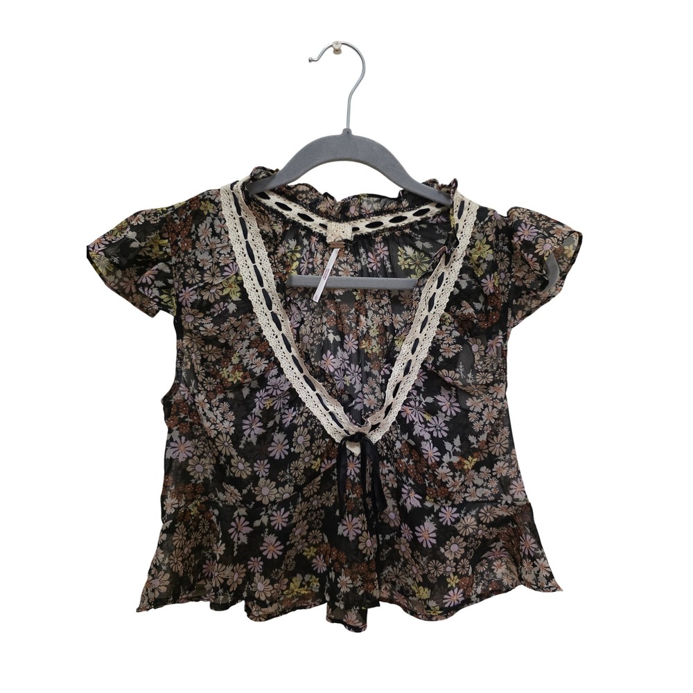 FreePeople Sheer Floral Lace Trim Tie Front Blouse Black Purple SzL Boho Hippie